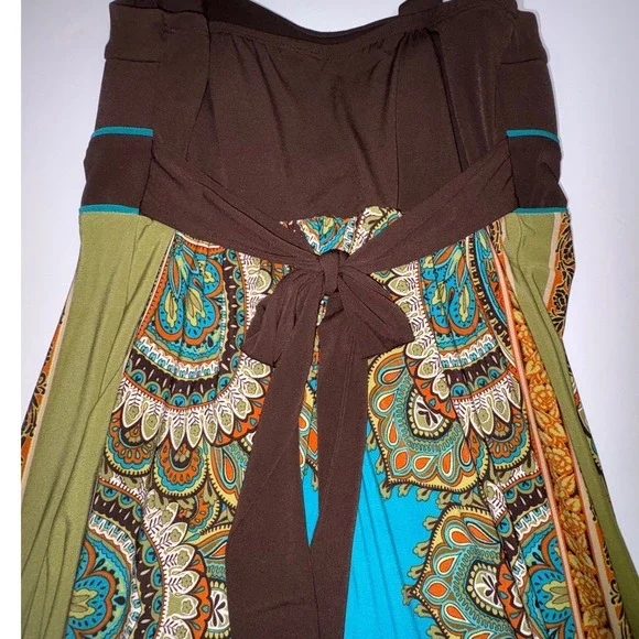 Saint Tropez West Women's Boho Paisley Print Dress Brown Teal Green Size 10 - Picture 6 of 7